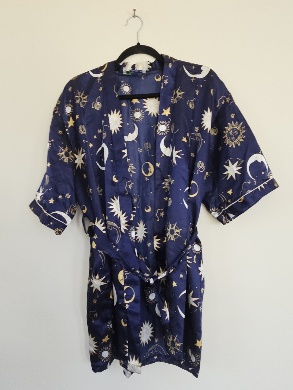 Celestial Print Satin Kimono Robe in Navy Size Large